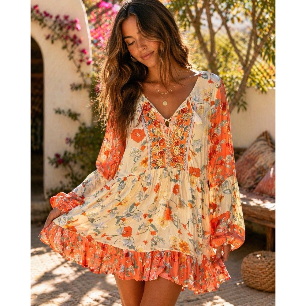 PATRONS OF PEACE-BOHO-RUFFLED HEM-FLORAL DRESS/TUNIC-LT.GRNS/PEACH-BELL SLV-M